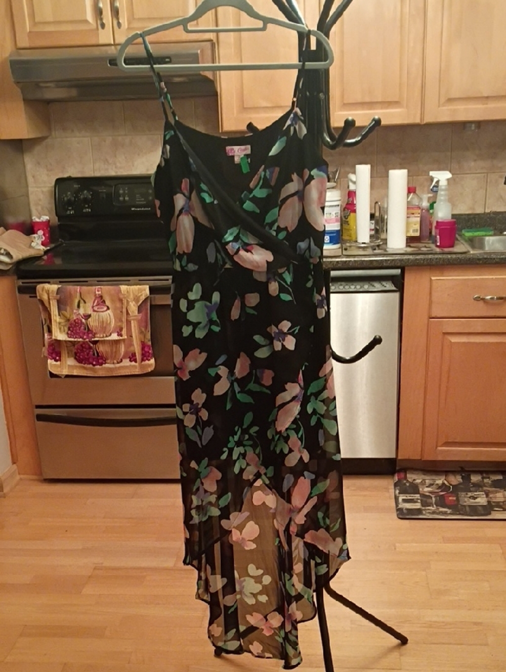 Candie's Black Floral High-Low Spaghetti Strap Dress with Pink and Green Print